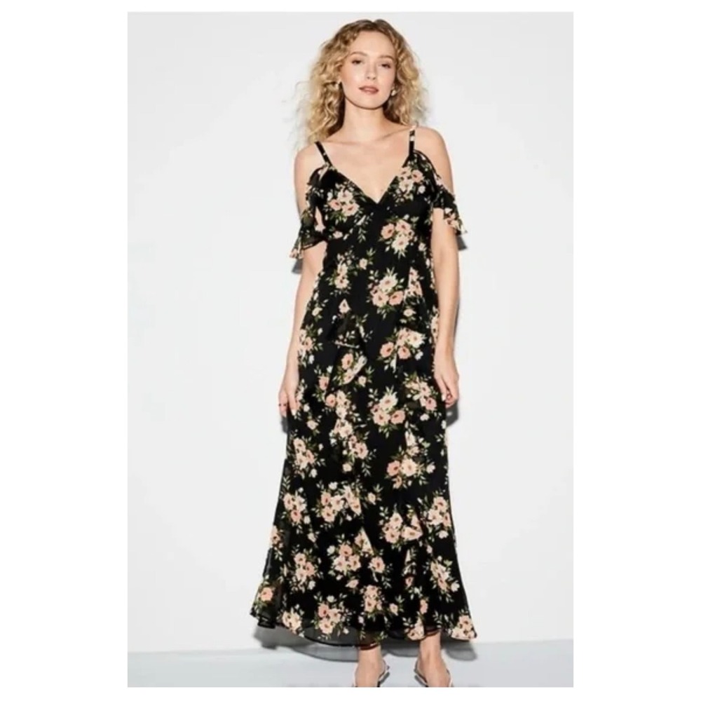 Old Navy Womens off shoulder chiffon floral Ruffle Maxi Dress Black